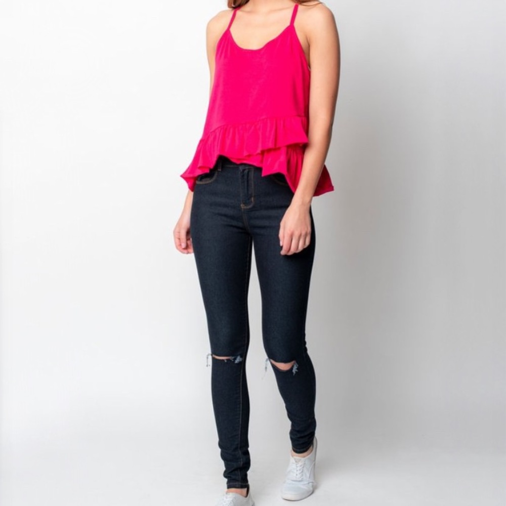 Hot Pink Ruffle Hem V-Neck Tank Top